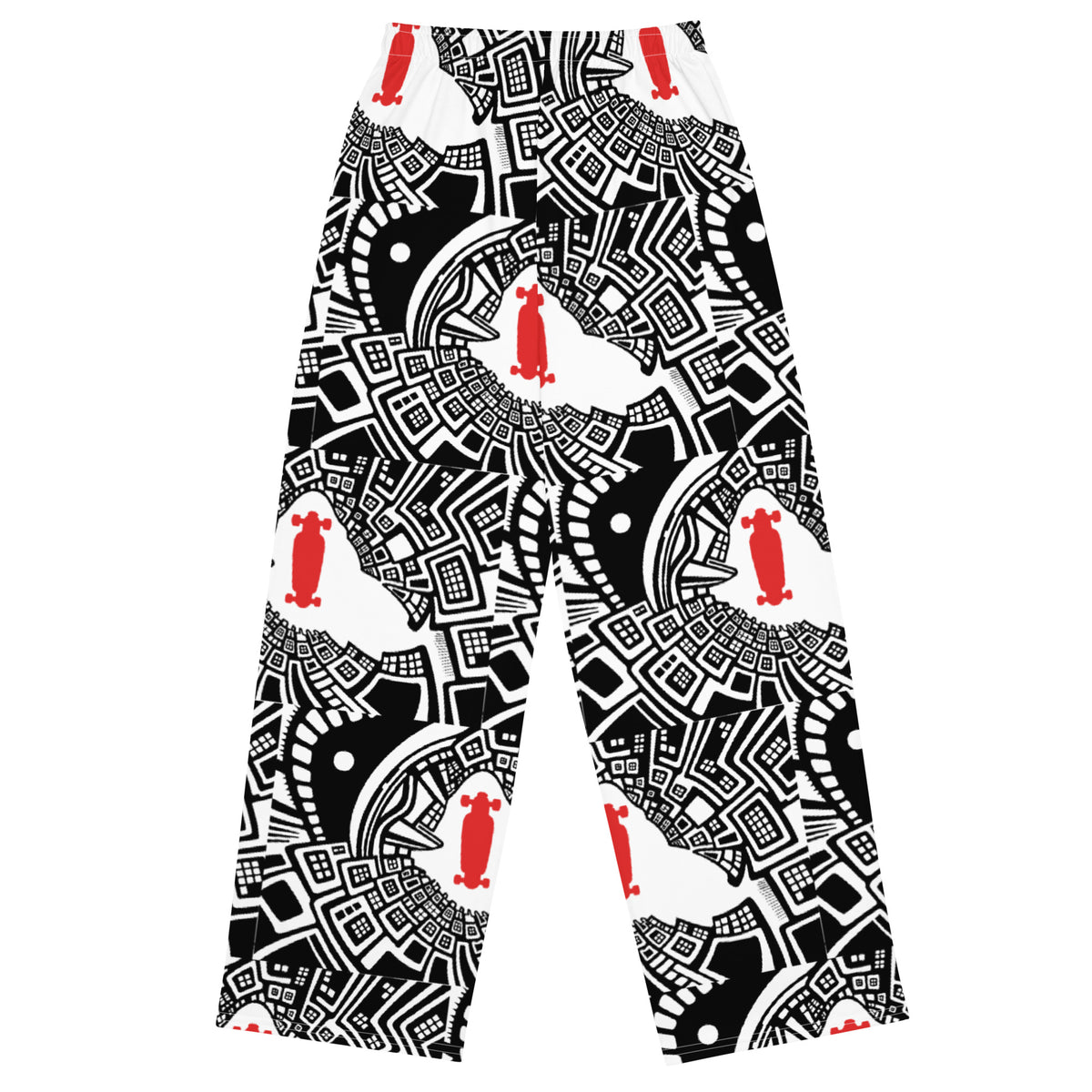 Urban Highrise Signal wide-leg pants with an abstract black-and-white city pattern and red skateboard motifs.