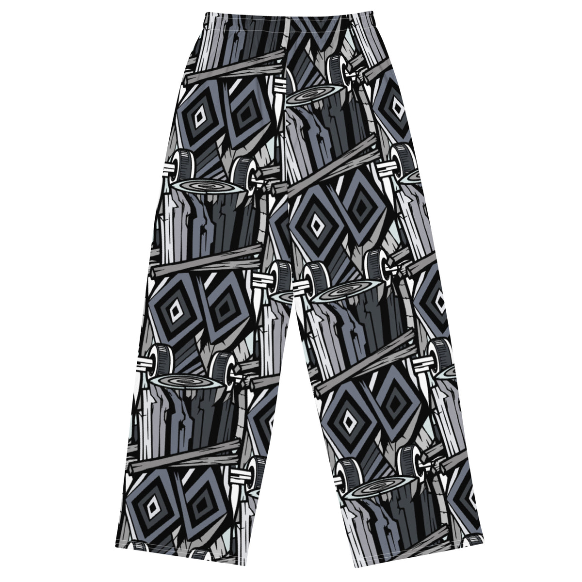 Back. Wide-leg trousers featuring an all-over repeating abstract skateboard and wood-grain graphic pattern rendered in monochrome black, grey, and white tones.