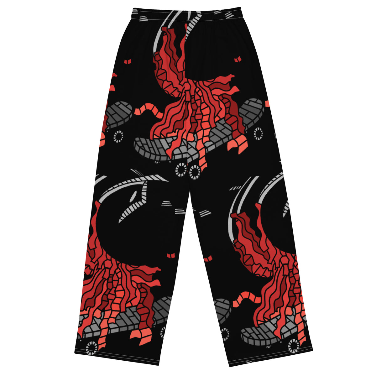 Back side. Wide-leg trousers featuring an abstract graphic of a black shadowed watcher figure riding a grey brick-patterned skateboard with red flowing ribbon-like strands extending downward.