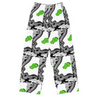 Back side. Urban City Wheels Signal wide-leg pants with an abstract black-and-white pattern and flying green skateboards.