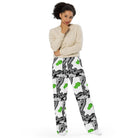 Urban City Wheels Signal wide-leg pants with an abstract black-and-white pattern and flying green skateboards.