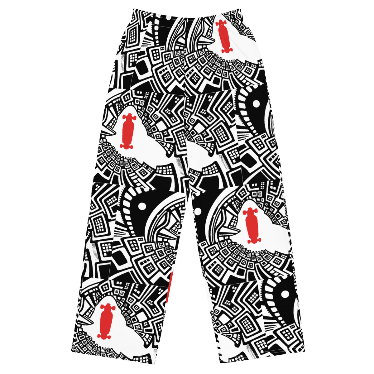 Back side. Urban Highrise Signal wide-leg pants with an abstract black-and-white city pattern and red skateboard motifs.