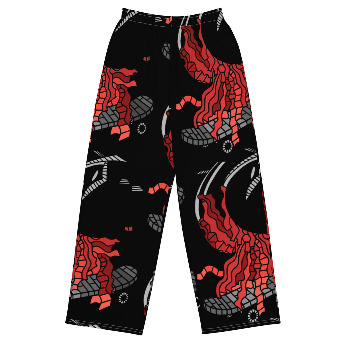 Front. Wide-leg trousers featuring an abstract graphic of a black shadowed watcher figure riding a grey brick-patterned skateboard with red flowing ribbon-like strands extending downward.