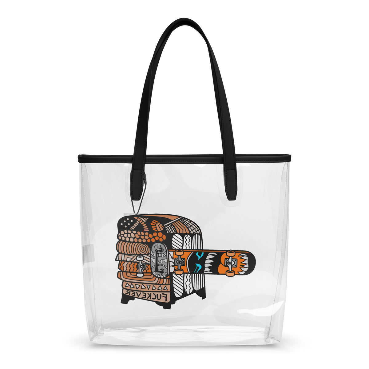 Back. Transparent tote bag with black handles and the Carnivore Skate Fridge abstract skate graphic on the front.