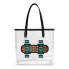 Transparent tote bag with black handles and an abstract orange-and-turquoise skateboard graphic.