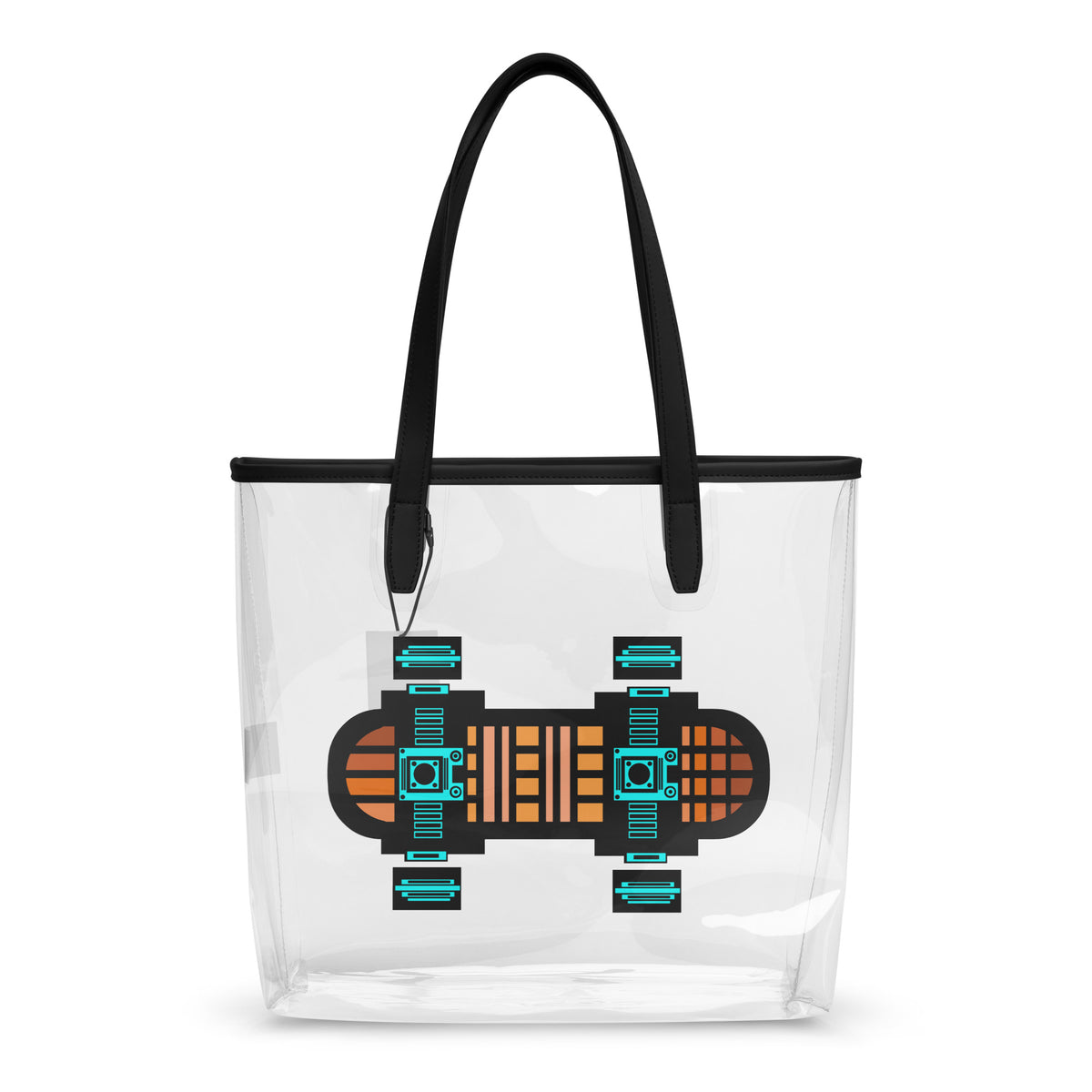 Transparent tote bag with black handles and an abstract orange-and-turquoise skateboard graphic.