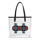 Neon Red puts a geometric red-and-turquoise skateboard design on a transparent tote bag with black handles.