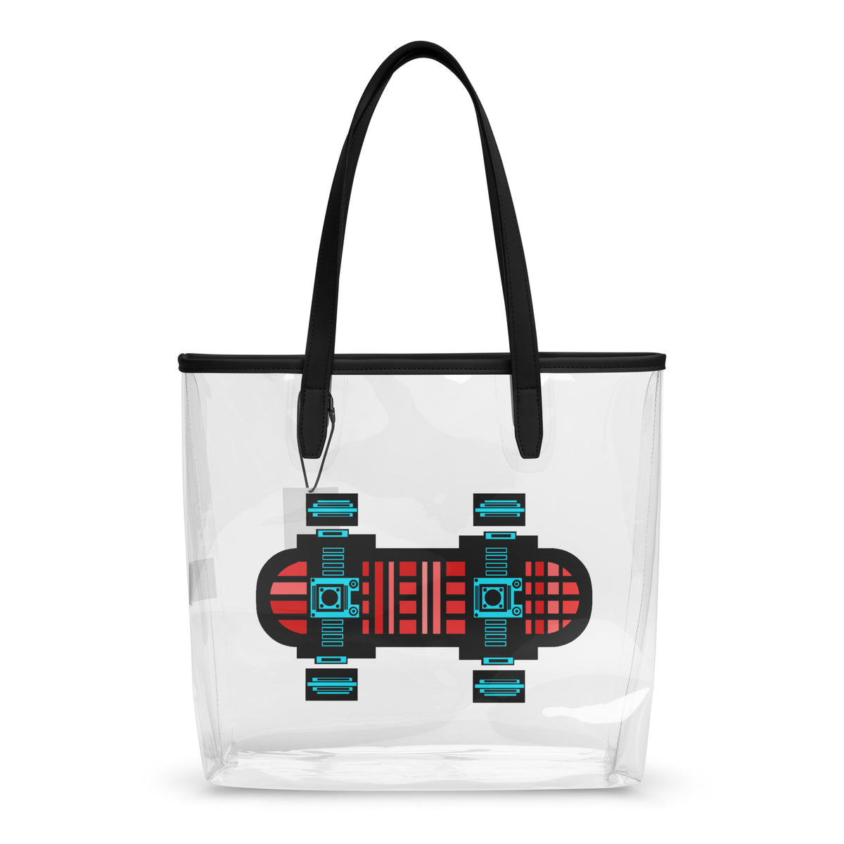 Neon Red puts a geometric red-and-turquoise skateboard design on a transparent tote bag with black handles.