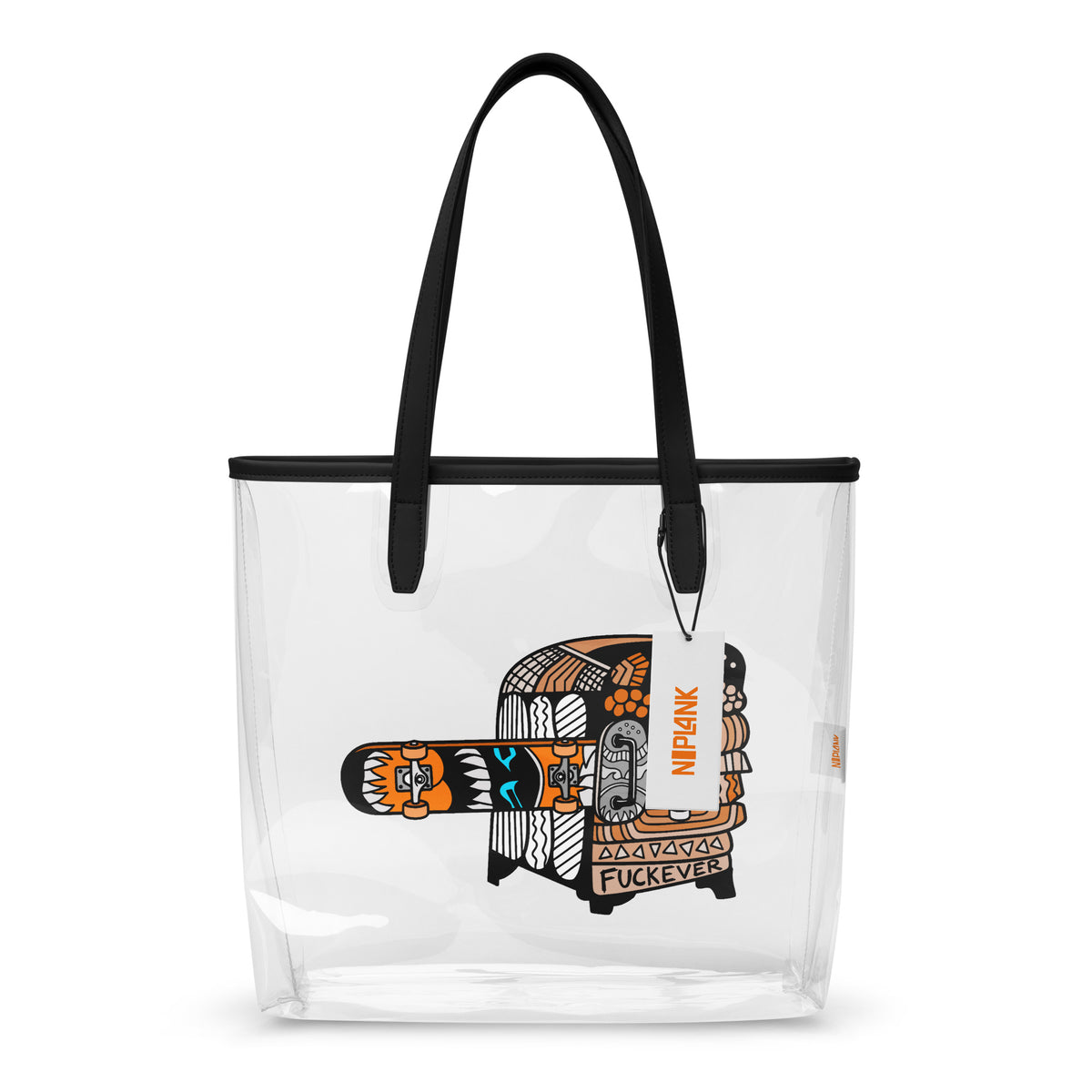 Transparent tote bag with black handles and the Carnivore Skate Fridge abstract skate graphic on the front.
