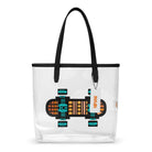 Transparent tote bag with black handles and an abstract orange-and-turquoise skateboard graphic.
