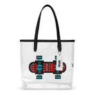 Neon Red puts a geometric red-and-turquoise skateboard design on a transparent tote bag with black handles.