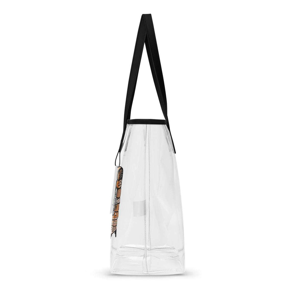Side. Transparent tote bag with black handles and the Carnivore Skate Fridge abstract skate graphic on the front.