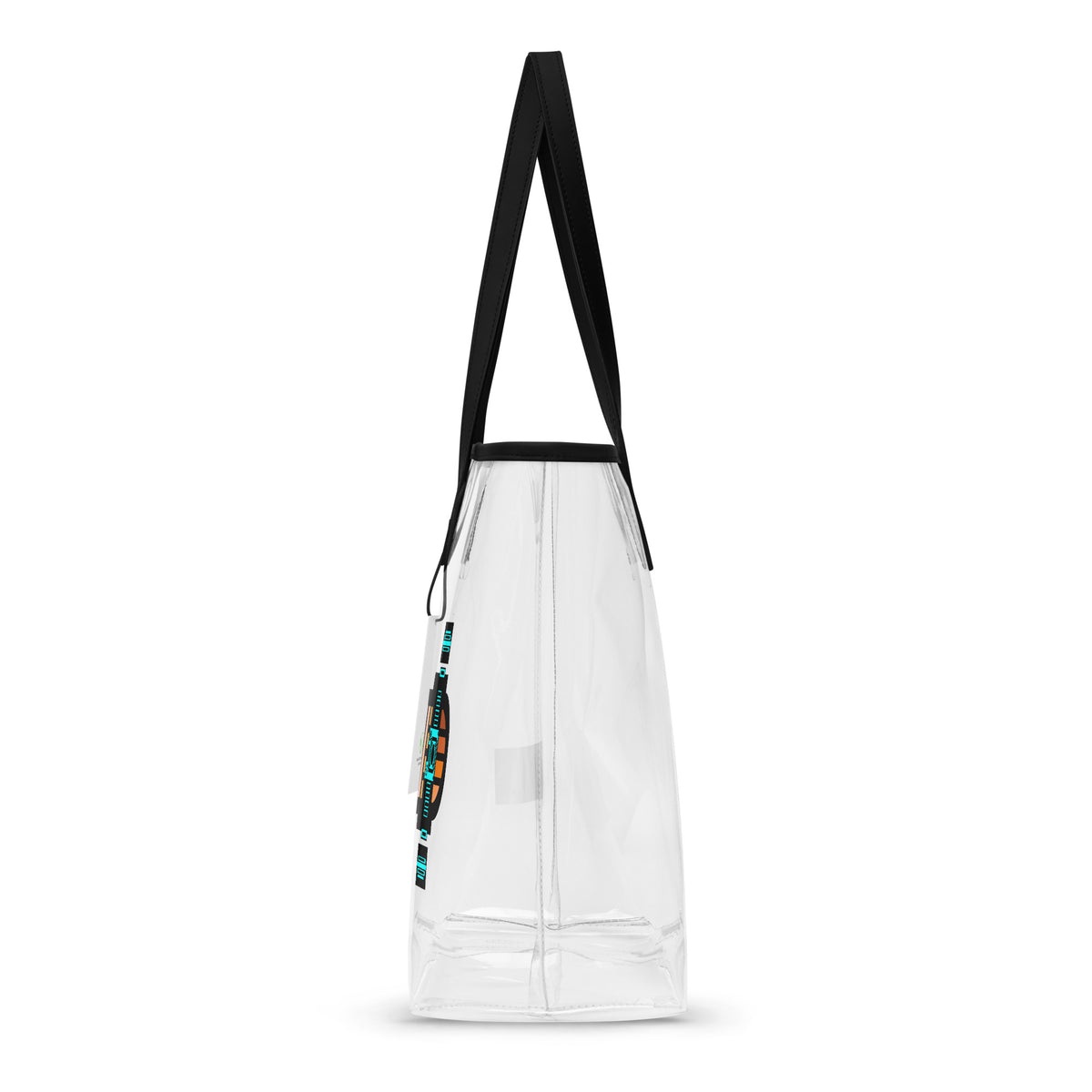 Transparent tote bag with black handles and an abstract orange-and-turquoise skateboard graphic.