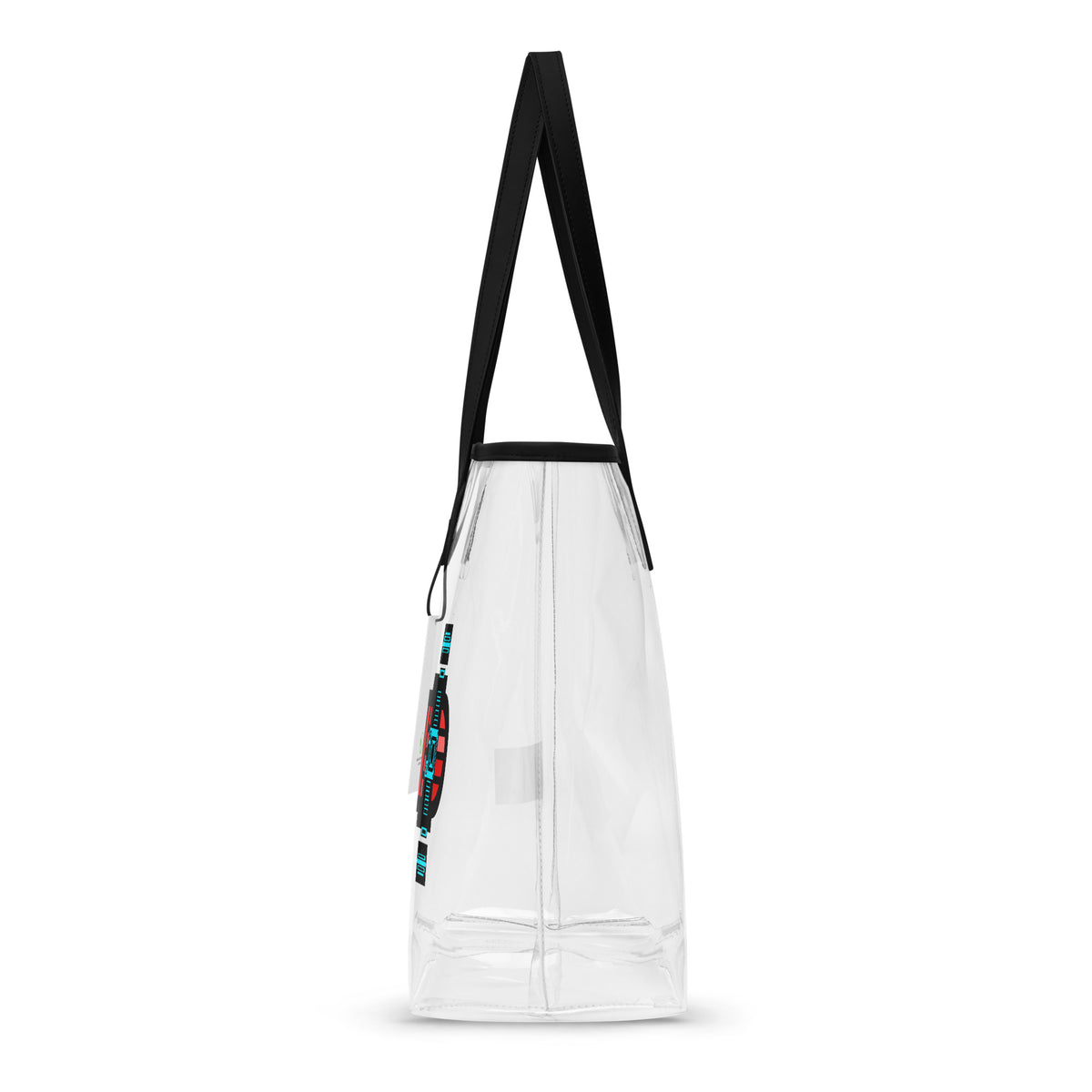Neon Red puts a geometric red-and-turquoise skateboard design on a transparent tote bag with black handles.