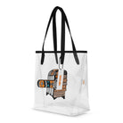Transparent tote bag with black handles and the Carnivore Skate Fridge abstract skate graphic on the front.