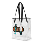 Transparent tote bag with black handles and an abstract orange-and-turquoise skateboard graphic.