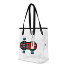 Neon Red puts a geometric red-and-turquoise skateboard design on a transparent tote bag with black handles.