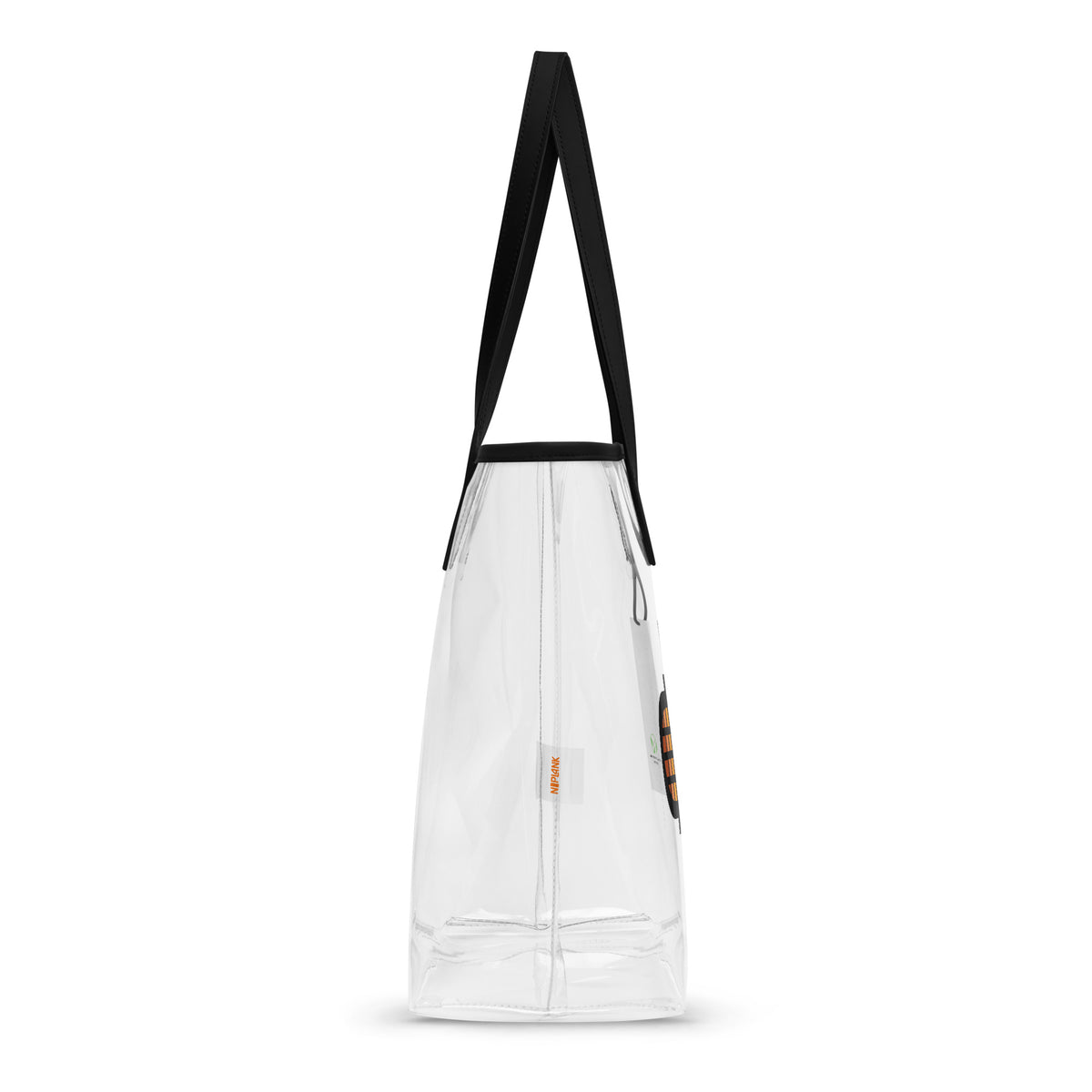 Transparent tote bag with black handles and an abstract orange-and-turquoise skateboard graphic.