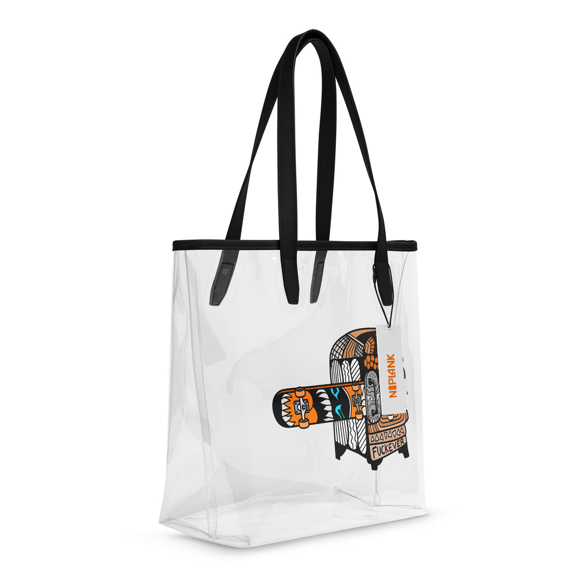 Transparent tote bag with black handles and the Carnivore Skate Fridge abstract skate graphic on the front.