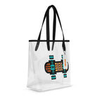 Transparent tote bag with black handles and an abstract orange-and-turquoise skateboard graphic.
