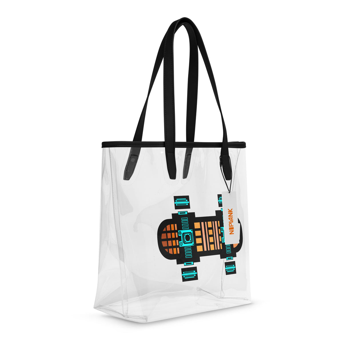 Transparent tote bag with black handles and an abstract orange-and-turquoise skateboard graphic.