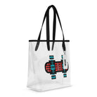Neon Red puts a geometric red-and-turquoise skateboard design on a transparent tote bag with black handles.