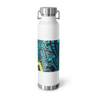 Copper vacuum insulated bottle with an abstract turquoise-and-black city graphic surrounding a black flying skateboard.
