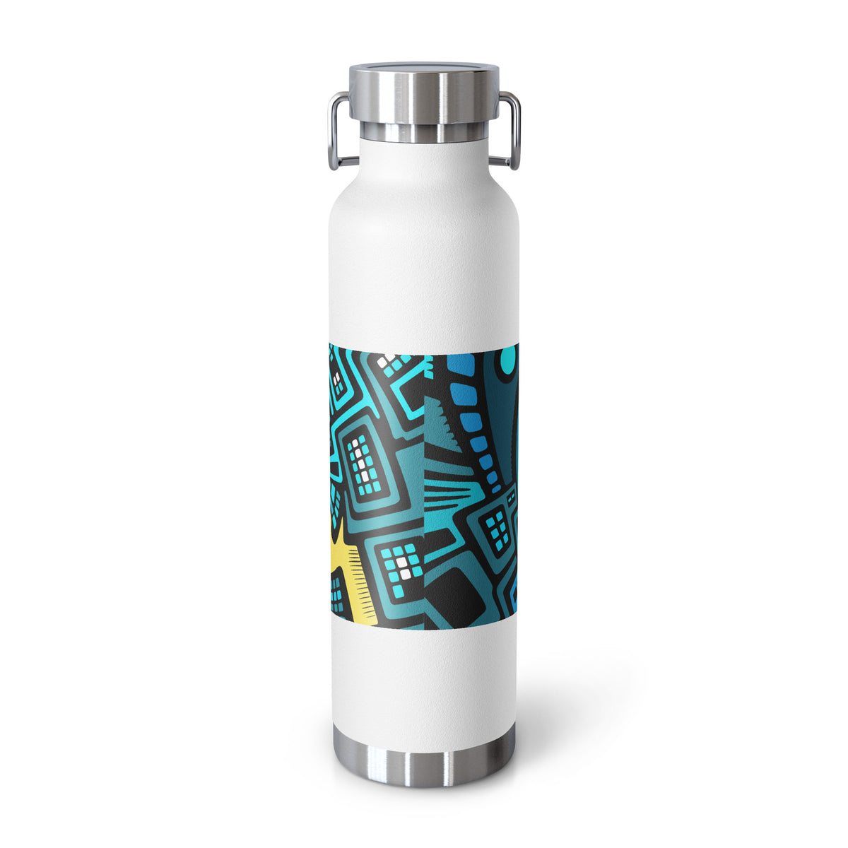 Copper vacuum insulated bottle with an abstract turquoise-and-black city graphic surrounding a black flying skateboard.