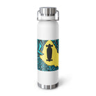Copper vacuum insulated bottle with an abstract turquoise-and-black city graphic surrounding a black flying skateboard.