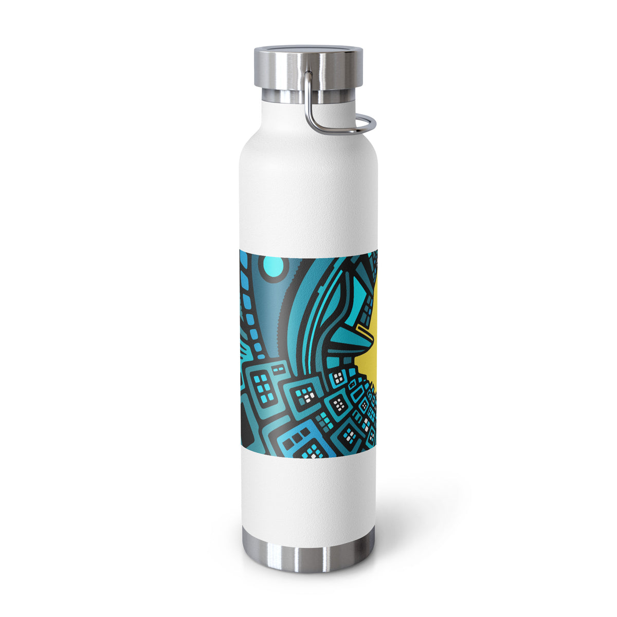 Copper vacuum insulated bottle with an abstract turquoise-and-black city graphic surrounding a black flying skateboard.