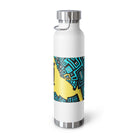Copper vacuum insulated bottle with an abstract turquoise-and-black city graphic surrounding a black flying skateboard.