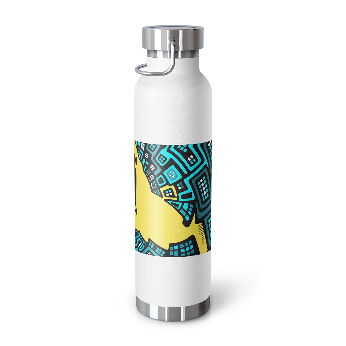 Copper vacuum insulated bottle with an abstract turquoise-and-black city graphic surrounding a black flying skateboard.