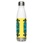 White stainless steel water bottle with a yellow panel and an abstract turquoise-and-black longboard graphic.
