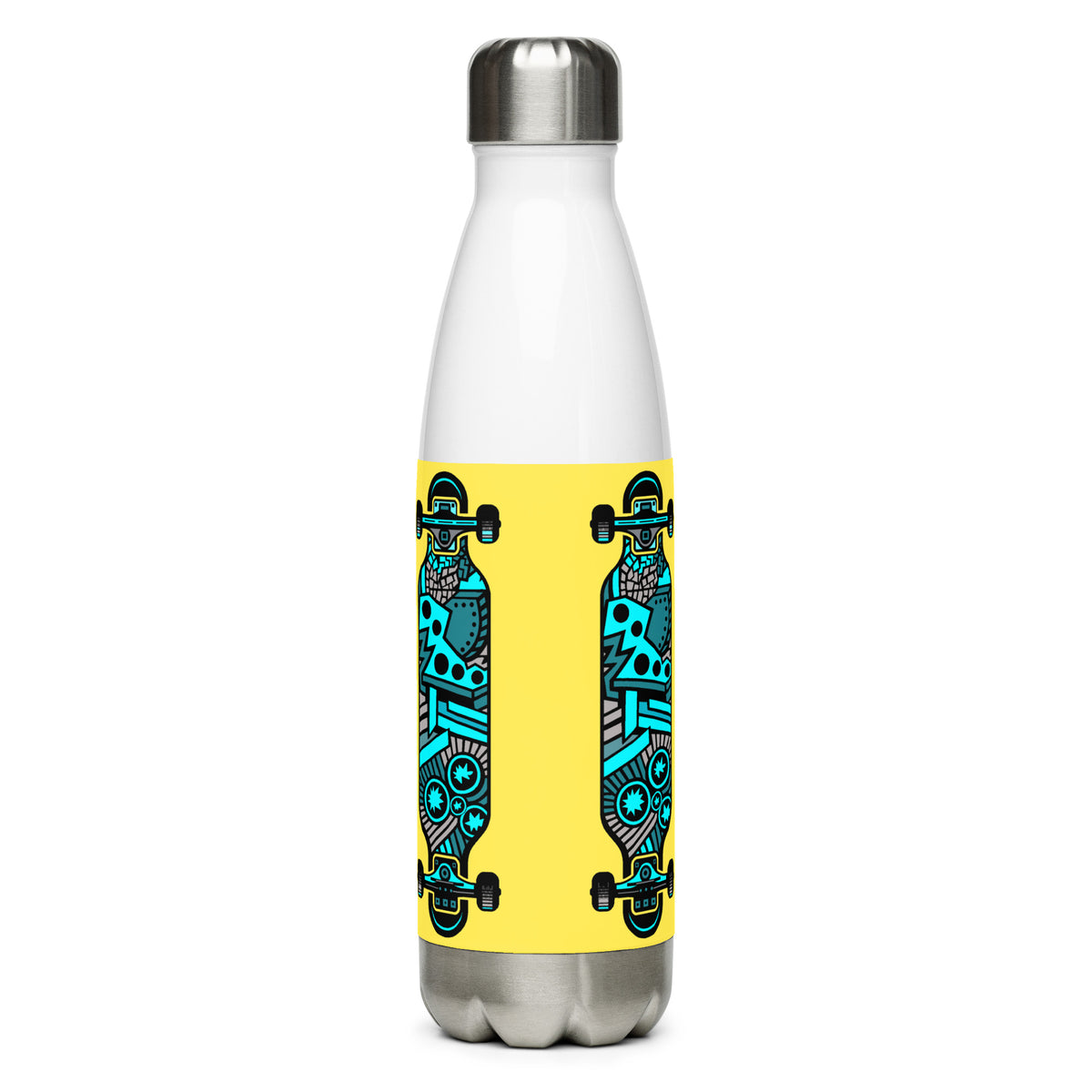 White stainless steel water bottle with a yellow panel and an abstract turquoise-and-black longboard graphic.
