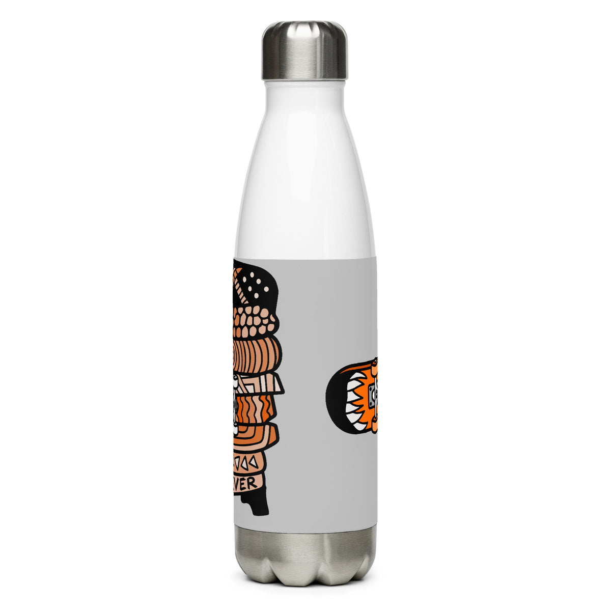 Carnivore Skate brings an abstract orange-and-black skateboard=fridge graphic on a bright grey panel to a stainless steel water bottle.