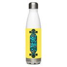 White stainless steel water bottle with a yellow panel and an abstract turquoise-and-black longboard graphic.