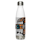 Carnivore Skate brings an abstract orange-and-black skateboard=fridge graphic on a bright grey panel to a stainless steel water bottle.