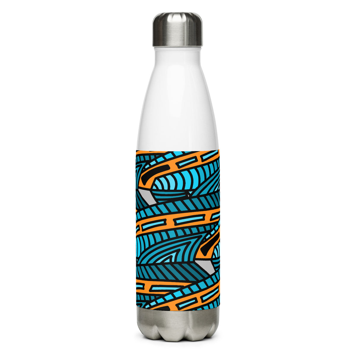 Jetfin Reef brings an abstract turquoise-and-orange shark design on a stainless steel water bottle.