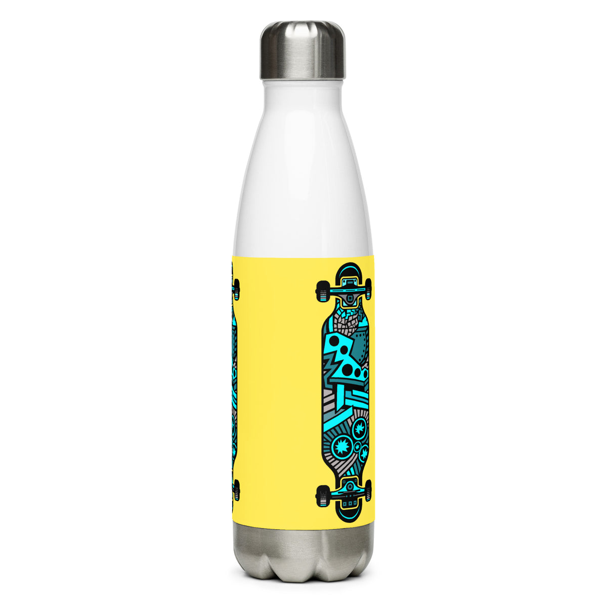 White stainless steel water bottle with a yellow panel and an abstract turquoise-and-black longboard graphic.