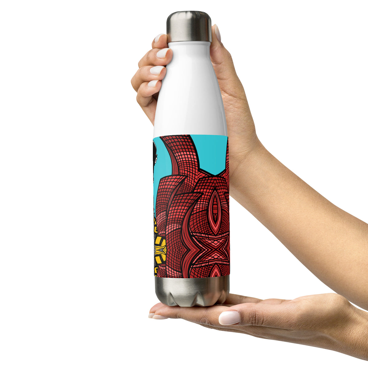 Stainless steel water bottle with an abstract city graphic and a black skateboard flying across a turquoise sky.