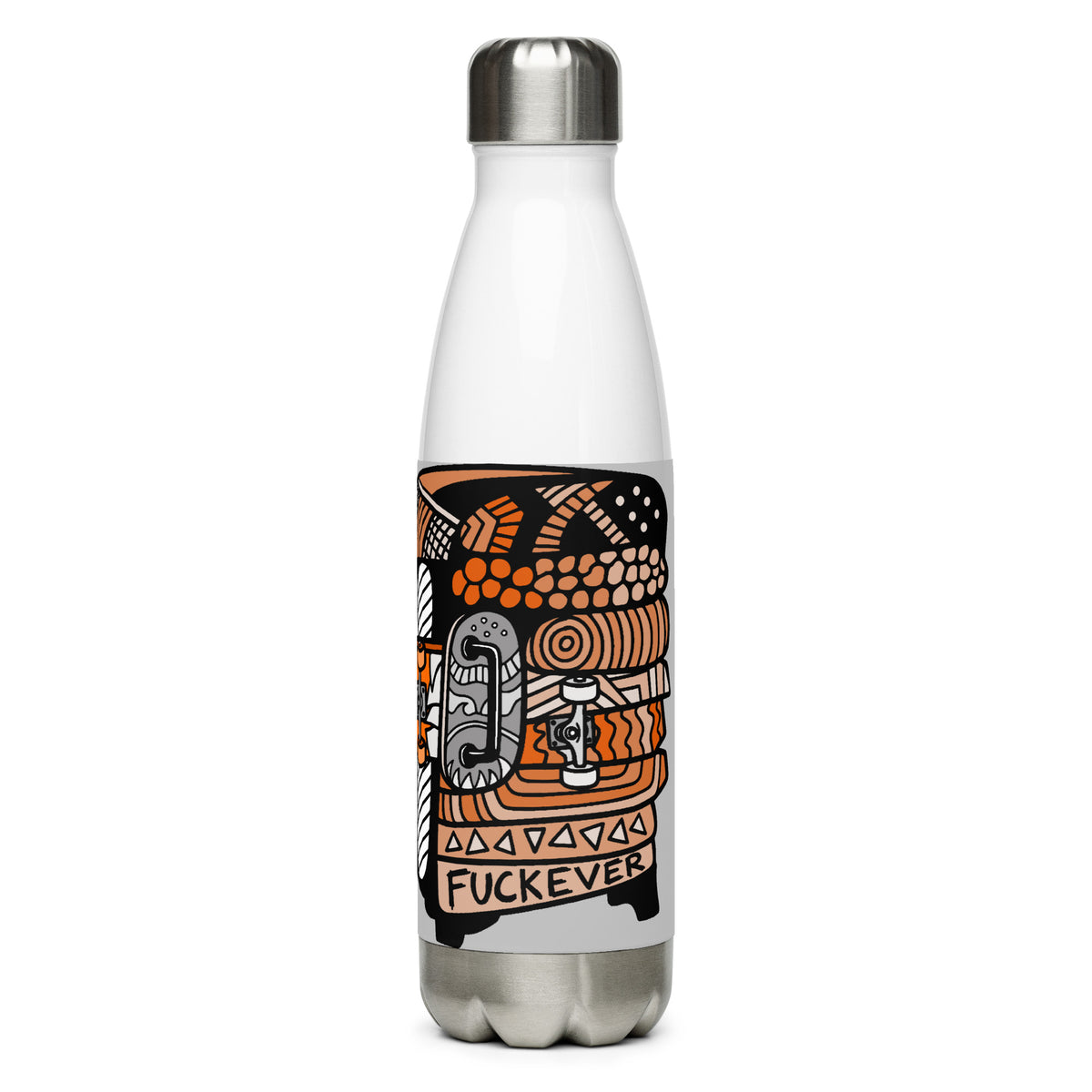Carnivore Skate brings an abstract orange-and-black skateboard=fridge graphic on a bright grey panel to a stainless steel water bottle.