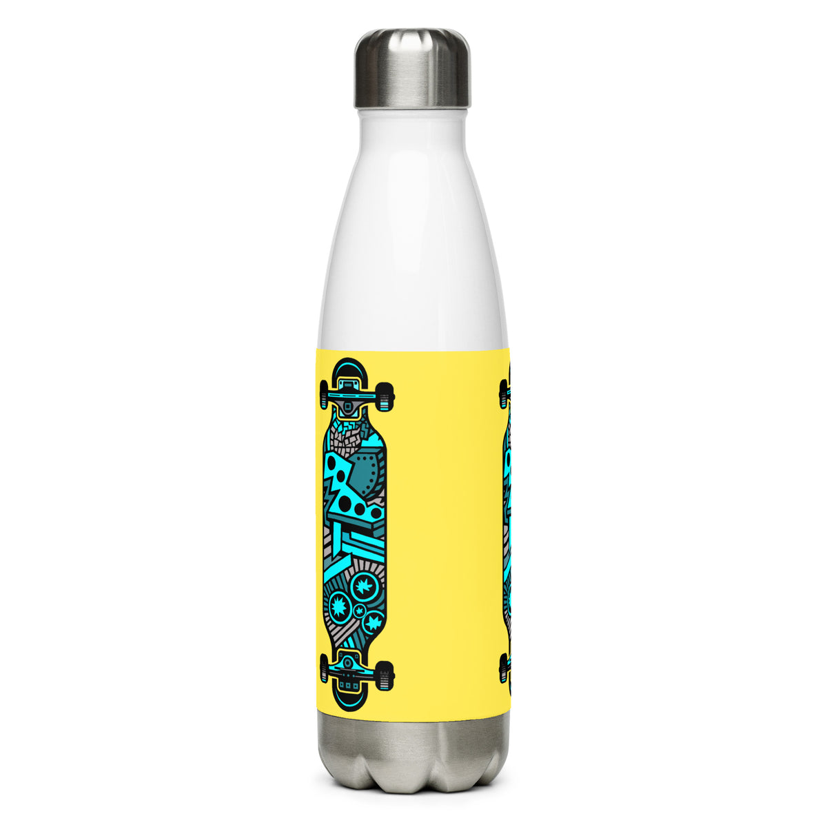 White stainless steel water bottle with a yellow panel and an abstract turquoise-and-black longboard graphic.