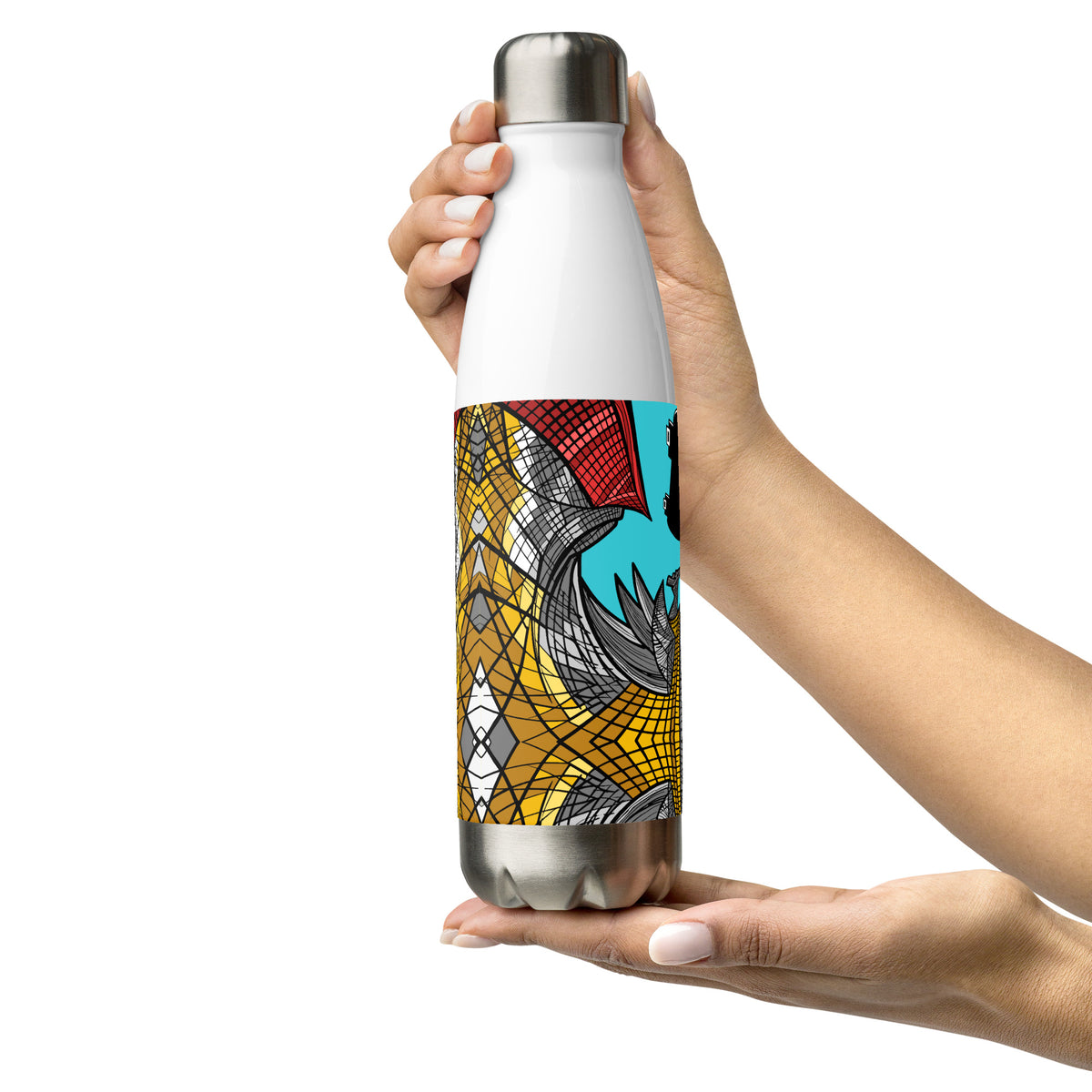 Stainless steel water bottle with an abstract city graphic and a black skateboard flying across a turquoise sky.