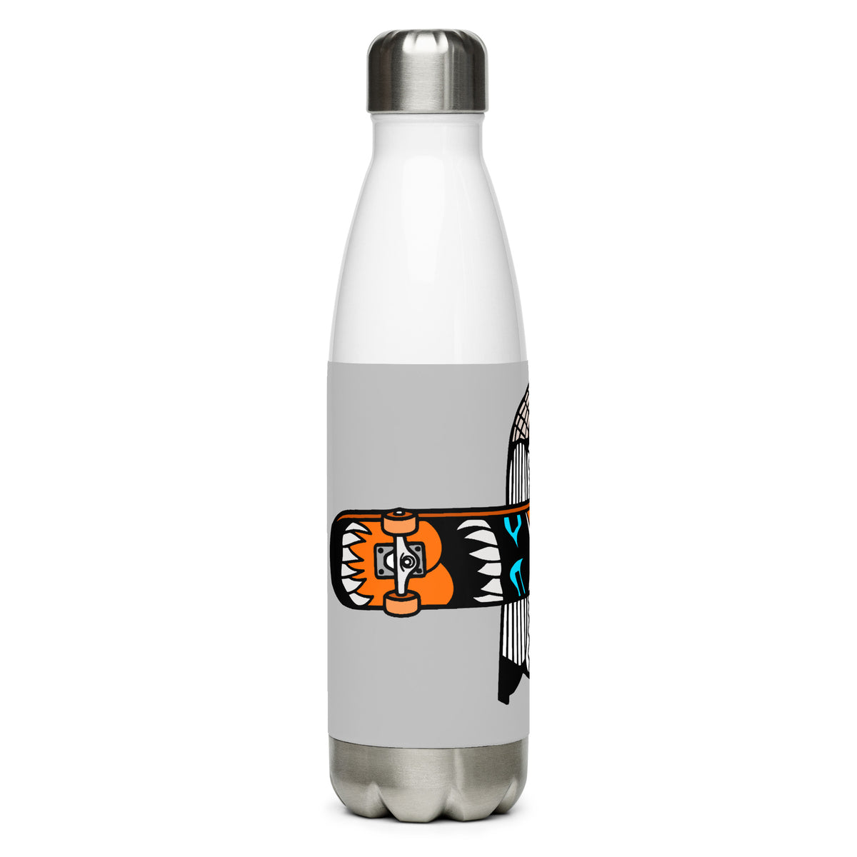 Carnivore Skate brings an abstract orange-and-black skateboard=fridge graphic on a bright grey panel to a stainless steel water bottle.