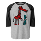 Grey raglan shirt with black sleeves and a red giraffe holding a turquoise skateboard.