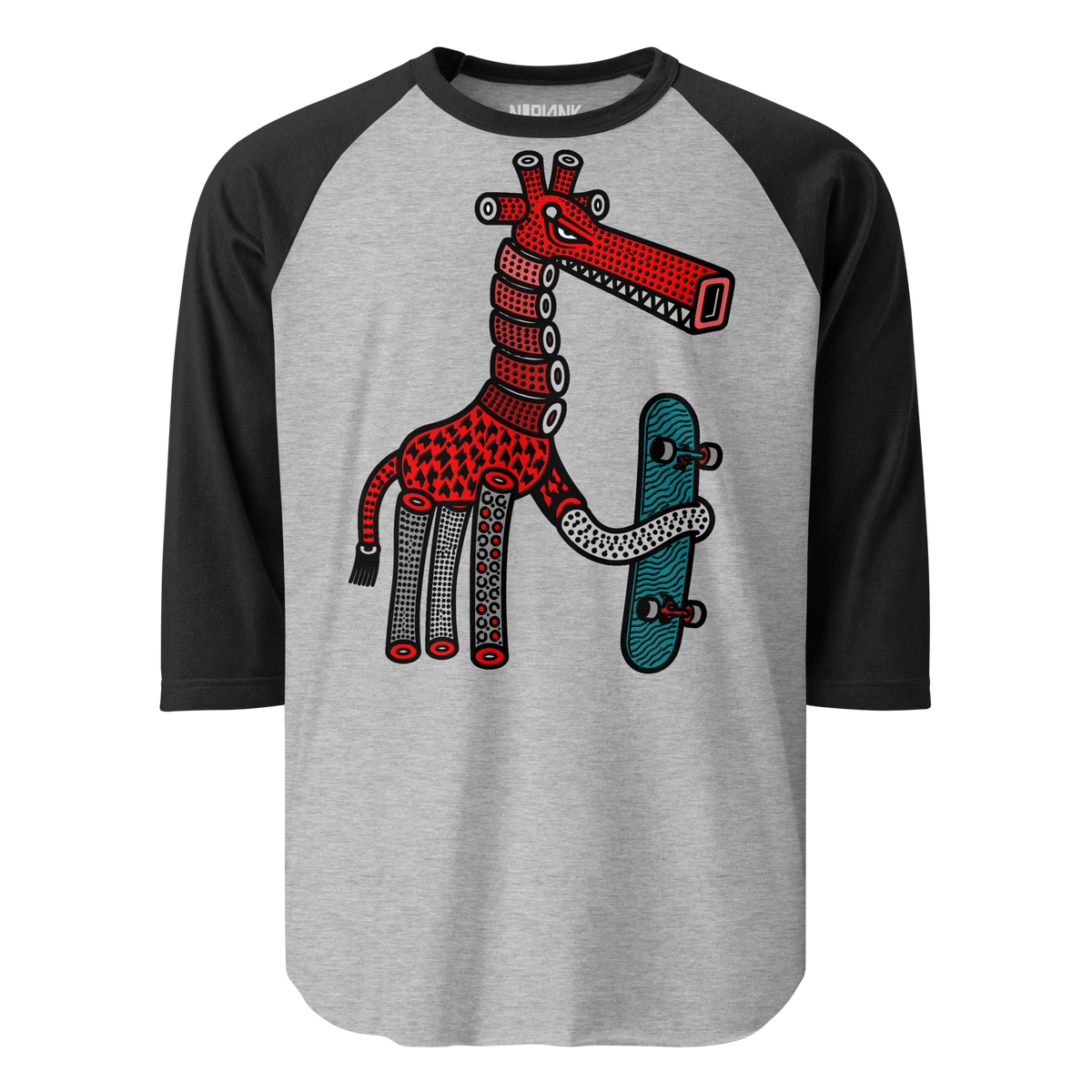 Grey raglan shirt with black sleeves and a red giraffe holding a turquoise skateboard.