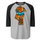 Grey with black sleeves: Master Reactor raglan shirt with black sleeves and an abstract orange and blue portrait of an angry girl.