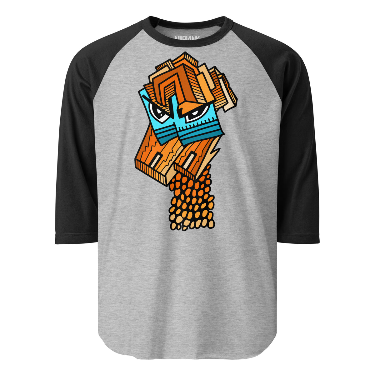 Grey with black sleeves: Master Reactor raglan shirt with black sleeves and an abstract orange and blue portrait of an angry girl.