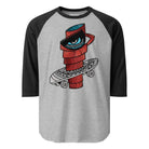 Grey raglan shirt with black sleeves and a red coffee character with a skateboard.