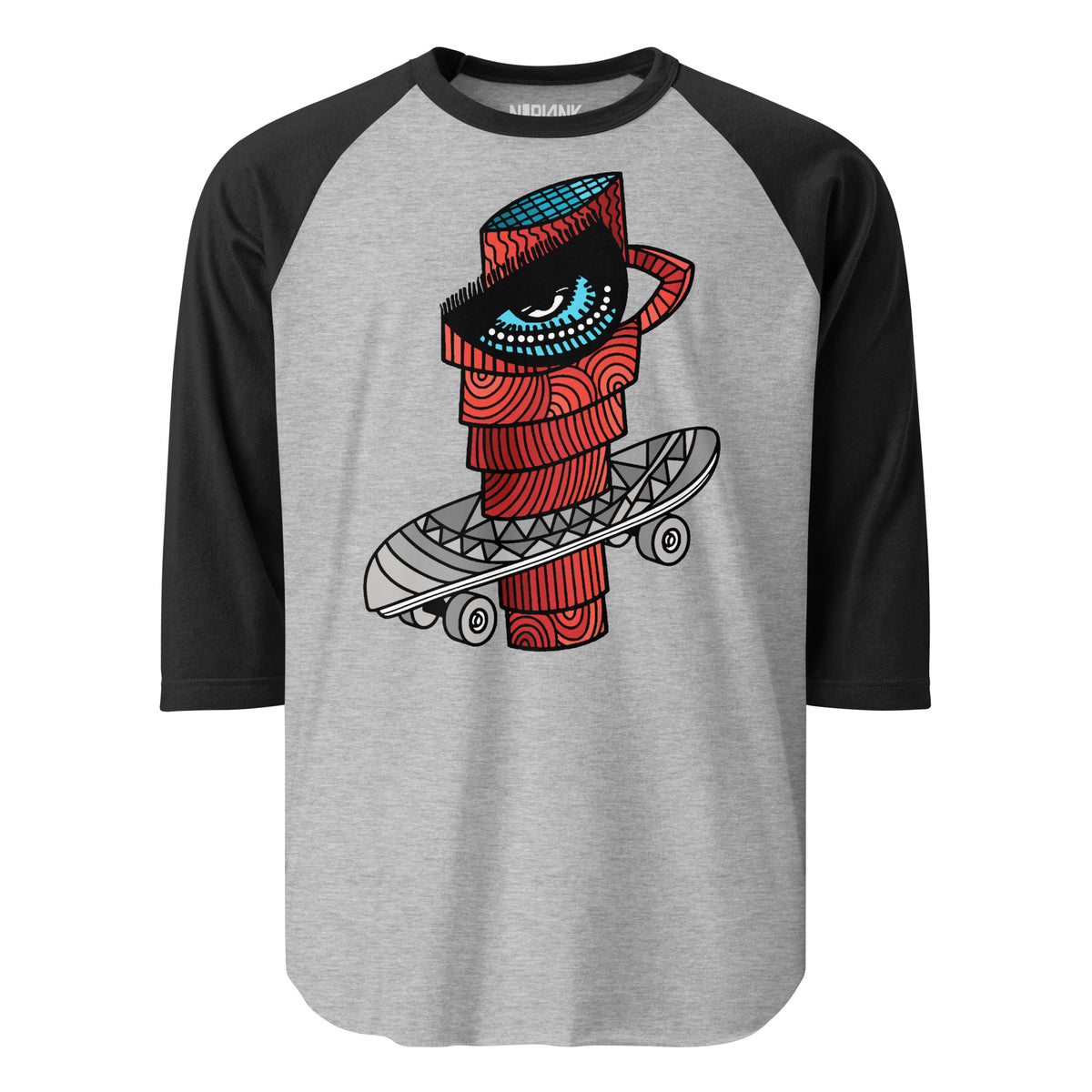 Grey raglan shirt with black sleeves and a red coffee character with a skateboard.
